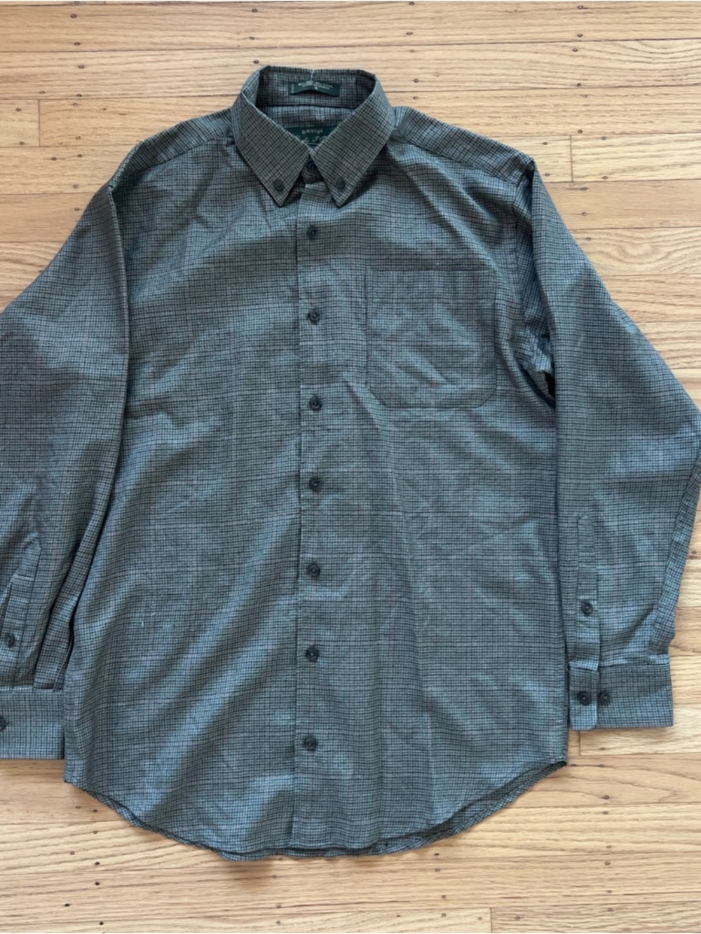 Orvis Silk Wool Houndstooth Plaid Olive button down shirt Medium Large